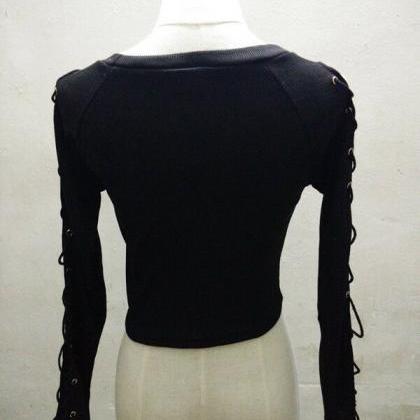 Lady Long Sleeve Tops Shirt Black Slim Hollow Side..