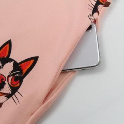 Comfortable Pink Dog Print Button Collar Pockets..