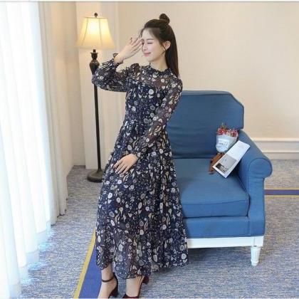 Elegant Long Sleeve Korean Fashion Floral Maxi..