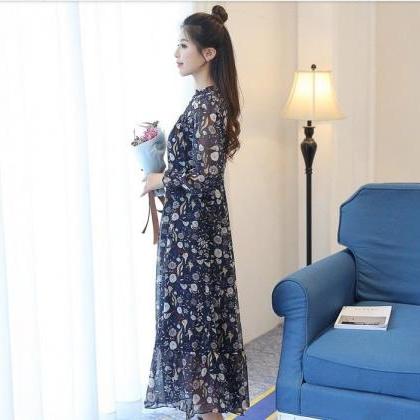 Elegant Long Sleeve Korean Fashion Floral Maxi..