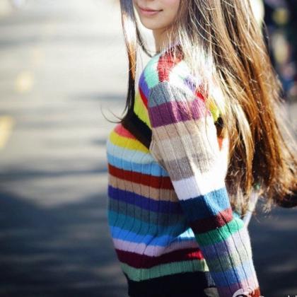 Rib Rainbow Stripe Knitted Sweater Jumper Pullover..