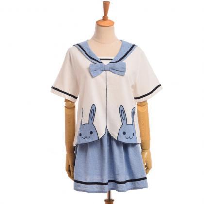 Fashion Loose Summer Preppy Blue Dress Lolita Girl..