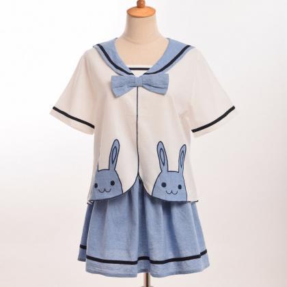 Fashion Loose Summer Preppy Blue Dress Lolita Girl..