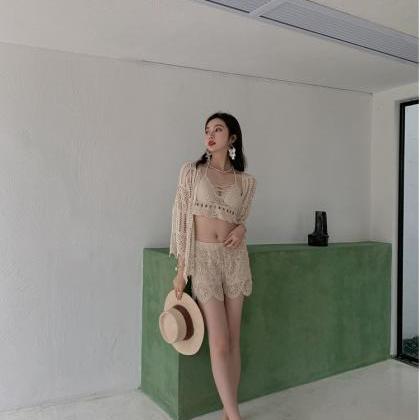3 In 1 Suit Sexy Women Slim Crochet Knitted Lace..