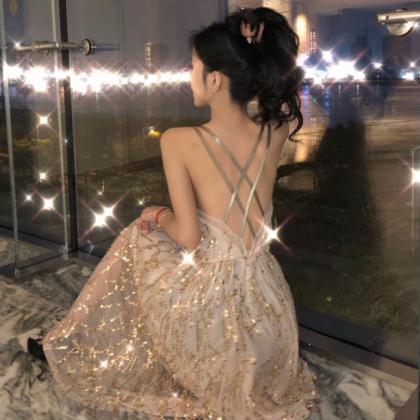 Sexy Elegant Mid Length Backless Sling Sequins..