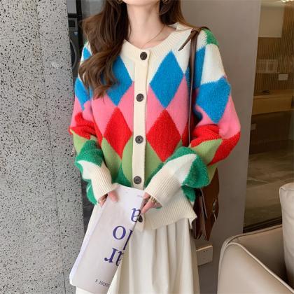 Versatile Fashion Rainbow Knit Cardigan Women..