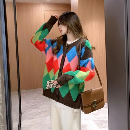 Versatile Fashion Rainbow Knit Cardigan Women..