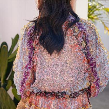 Mixed Color Printed Floral Stitching Long Sleeved..