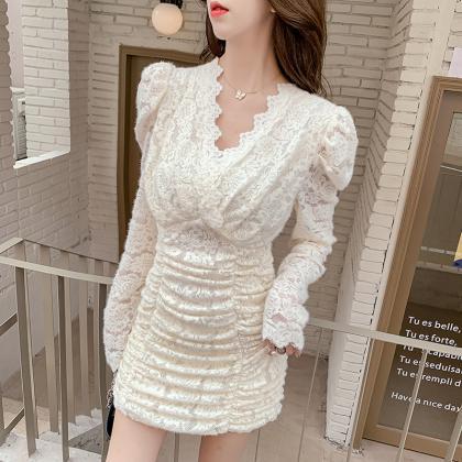 Spring Waist Slim V-neck Lace Long Sleeves Collage..