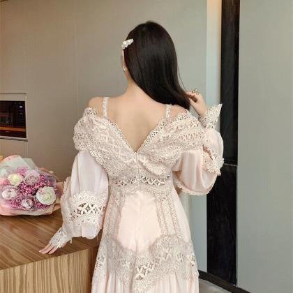 Maxi Embroidery V Neck Ruffles Bell Puff Sleeve..