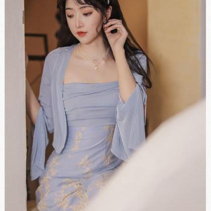 Elegant Fairy Blue Lace Anti Uv Top Trumpet Sleeve..