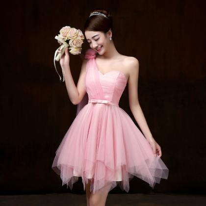 Attractive One Shoulder Evening Pink Color Beading..