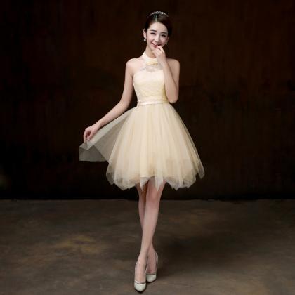 Evening Party Halter Light Yellow Color Beading..