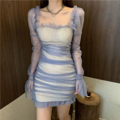 Special Nude Fairy Mesh Pleated Square Collar Long..
