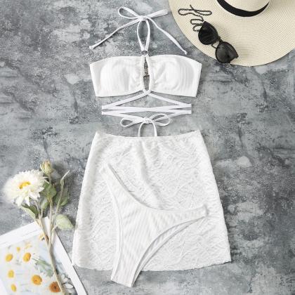 Sexy 2 Pcs Outfits Halter Crop Top Bandage White..