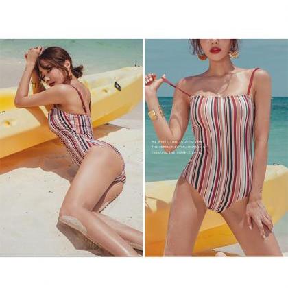 Vintage Retro Skinny Women One Piece Striped..
