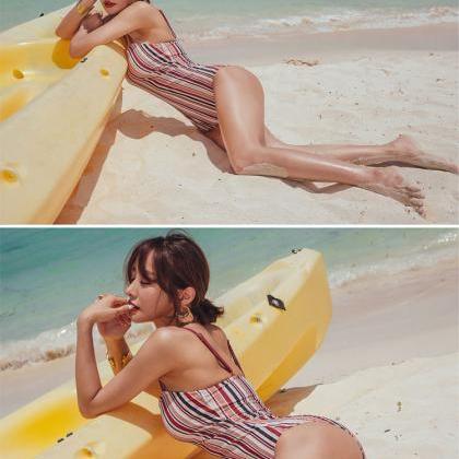Vintage Retro Skinny Women One Piece Striped..