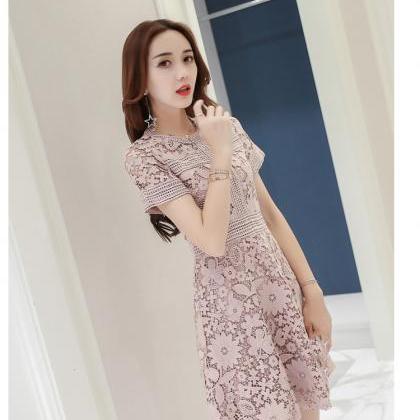 Office Lady Fashion Short Sleeved Lace Dress Mid..