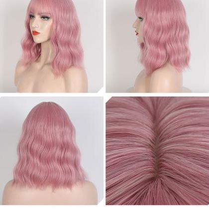 Fashion Women Wig Pink Curly Wavy Shoulder Length..