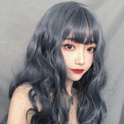 Cute Sweet Women Blue Gray Long Wave Curly Hair..