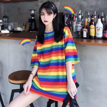 Trendy Women Mid Length Rainbow Striped Loose..