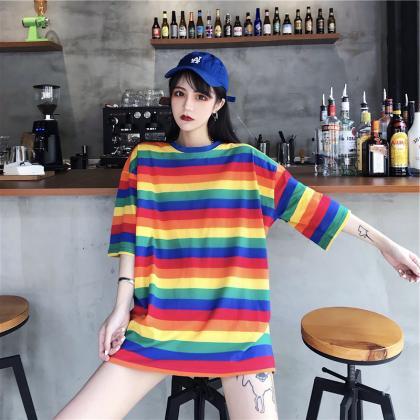 Trendy Women Mid Length Rainbow Striped Loose..