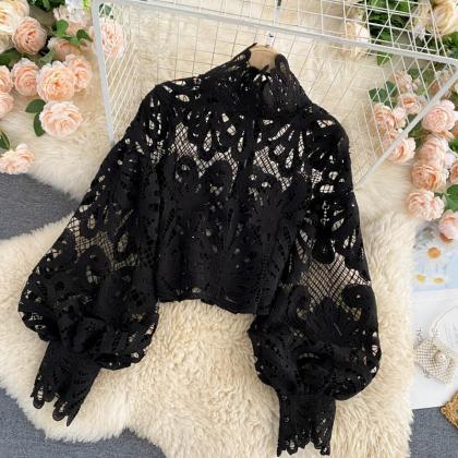 Sexy Women Lace Hollow Stand Collar Long Puff..