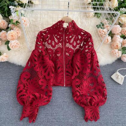 Sexy Women Lace Hollow Stand Collar Long Puff..