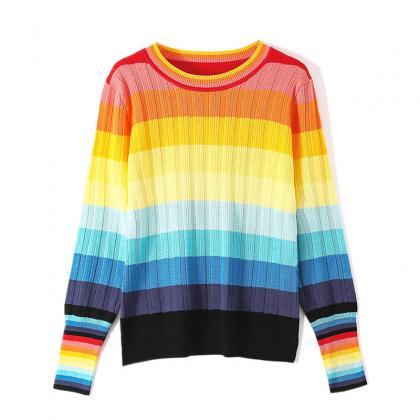 Spring Rainbow Color Soft Jumper Striped Round..