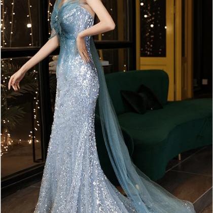 Stunning Starry Plus Size Blue Mermaid Sequined..