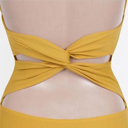Sexy Women Yellow Solid Color Halter Neck Backless..
