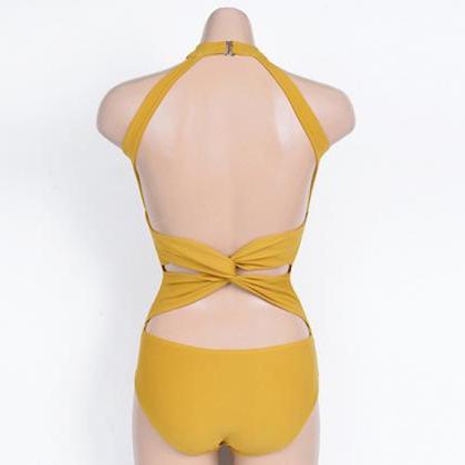 Sexy Women Yellow Solid Color Halter Neck Backless..