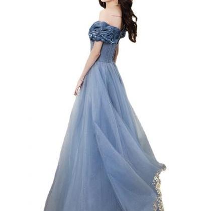 Gorgeous Fairy Women Off Shoulder Blue Long Gown..