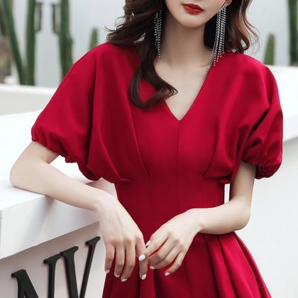 Temperament Fashion Elegant Women Wine Red Solid..