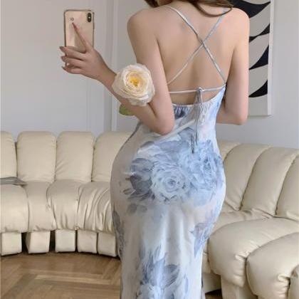 Amazing Sexy Women Back Hollow Blue Floral Satin..