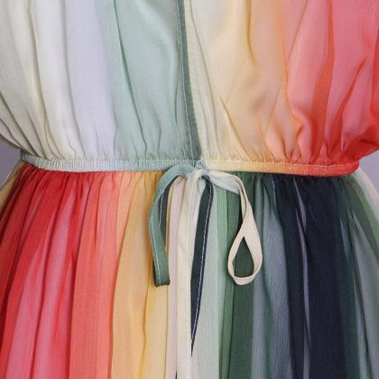 Summer Elegant Women Colorful Rainbow Round Neck..