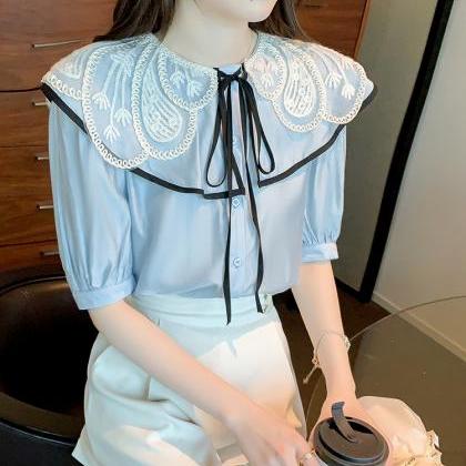 Summer Ladies Tops Lace Collar Bow Tie Sweet..