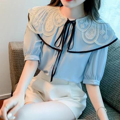 Summer Ladies Tops Lace Collar Bow Tie Sweet..