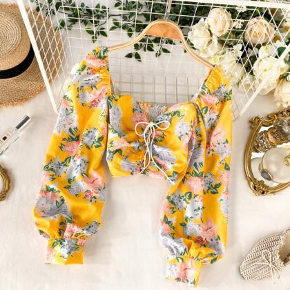 Sweet Women Yellow Square Neck Elastic Floral..