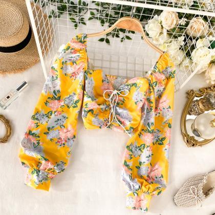 Sweet Women Yellow Square Neck Elastic Floral..