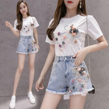 Summer Causal Women Embroidered 3d Floral Beaded..