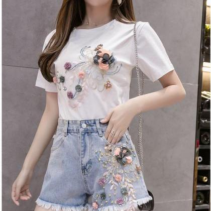 Summer Causal Women Embroidered 3d Floral Beaded..