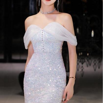 Elegant Luxury Women Shiny Sequin Off Shoulder..