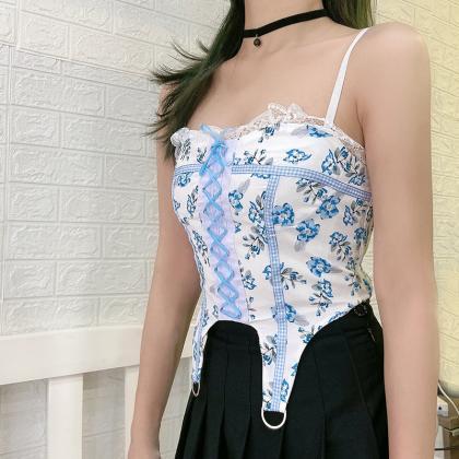 Sexy Chic Women Lace Up Blue Floral Print..