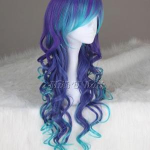 Blue Mix Purple Long Curly Synthetic Cosplay Wig..