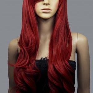 Dark Red Curly Wavy Long Hair Cosplay Wig High..