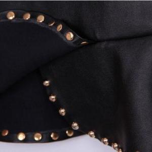 Synthetic Leather Flounce Mini Skirt With Rivet..