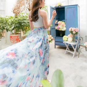 Floral Flower Print Pleated Retro Maxi Long..
