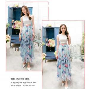 Floral Flower Print Pleated Retro Maxi Long..