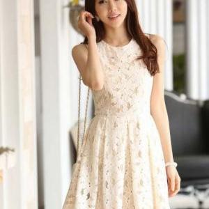 Korean Women Sleeveless Frill Tunic Peplum Lace Floral Embroidery